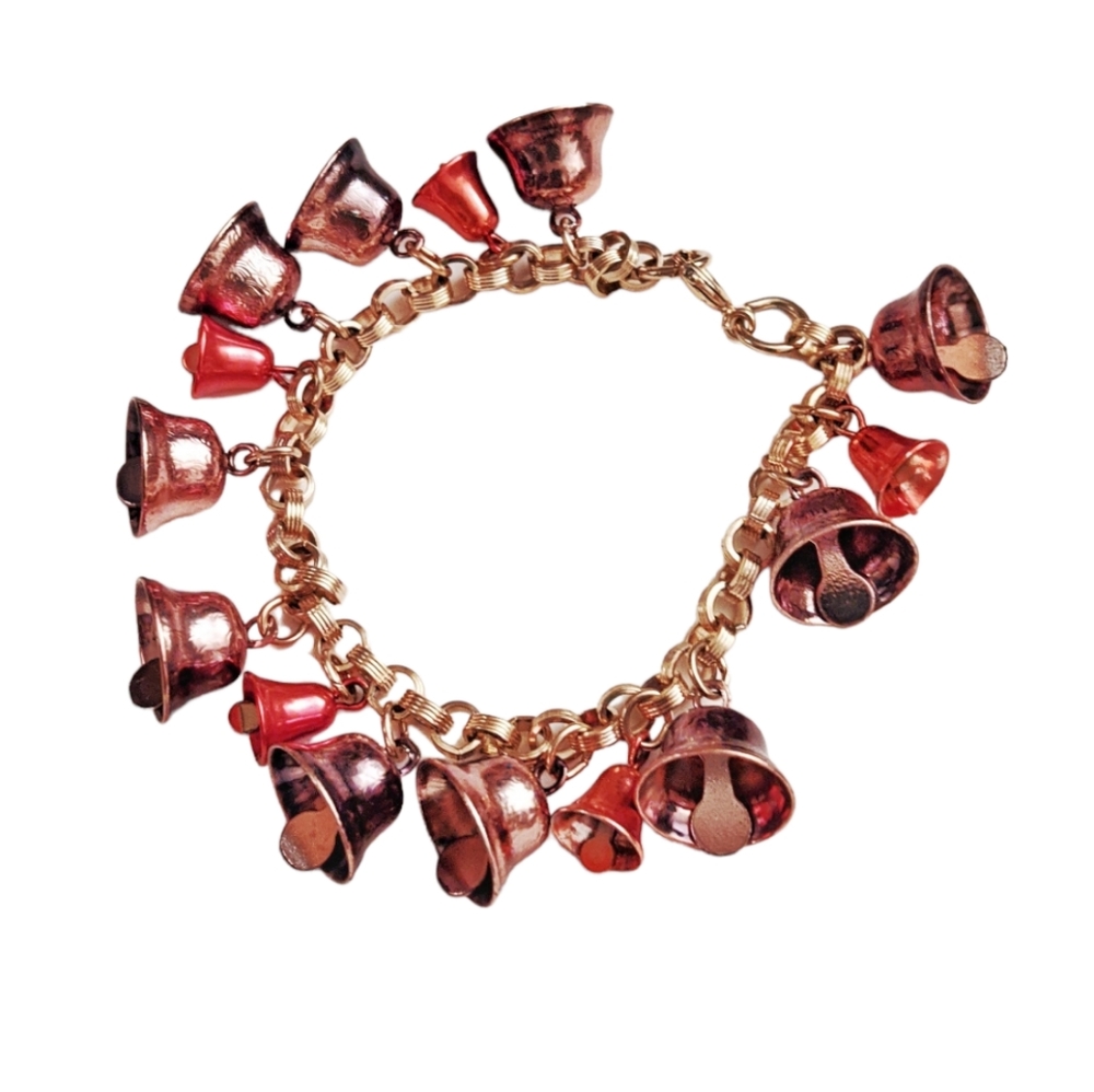 Christmas Gold Tone Bracelet with Multicolor Bells Charms